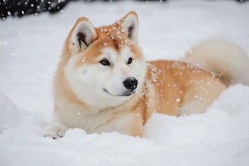 Akita Inu dog in the snow, generated AI
