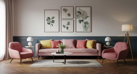 Elegant living room with pink sofa botanical art and warm lighting