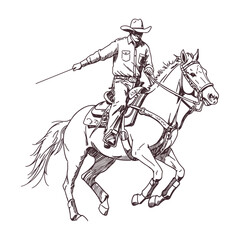 Western cowboy riding a galloping horse in a high speed rodeo competition hand drawn black and white sketch showcasing wild west action rustic tradition and vintage equestrian culture