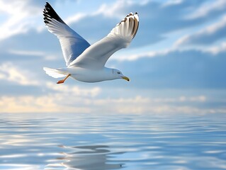 Fototapeta premium Seagull in Flight Over Coastal Waters: Capturing the Tranquil Beauty of Birdwatching Amidst Summer’s Serene Ocean Sunset