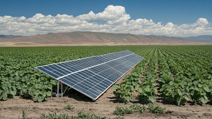 Solar-powered water pump operating in a rural agricultural field, promoting sustainable irrigation, no people