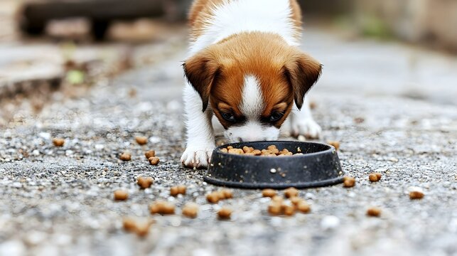Adorable puppy hungrily eats kibble from its bowl outdoors.