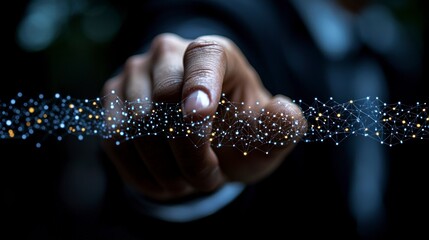 Hand interacting with digital network illustration