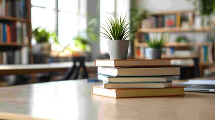 Stack of books about zero waste, climate change, and sustainable design on a clean desk, eco-conscious education, no people