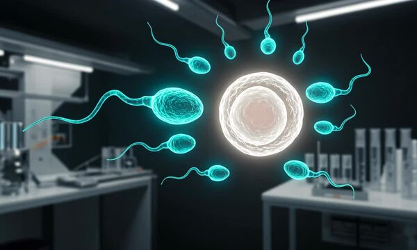 Glowing Blue Sperm Cells Approach Ovum In Modern Laboratory Setting with Futuristic Illumination