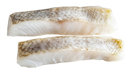 two pieces of raw fish fillet. showcasing a light color with a marbled texture the fillets are neatly arranged on a white background. emphasizing their freshness and quality. likely intended for culin