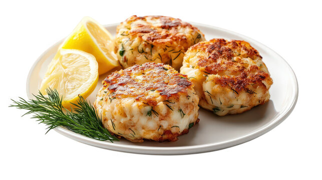 three golden-brown crab cakes arranged on a white plate. garnished with fresh dill and accompanied by lemon wedges the dish looks appetizing and is likely intended for a seafood meal or gourmet dining
