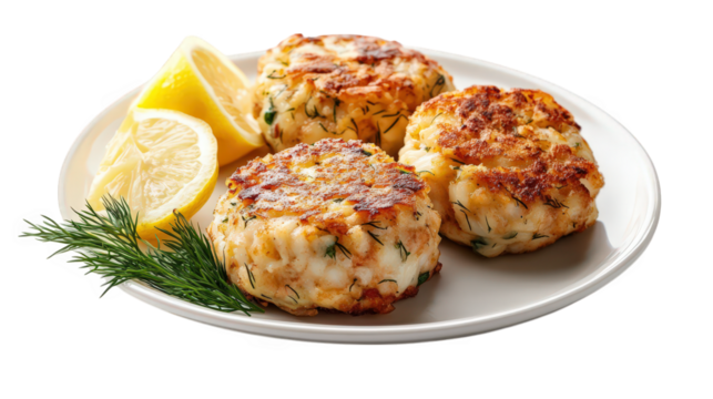 three golden-brown crab cakes arranged on a white plate. garnished with fresh dill and accompanied by lemon wedges the dish looks appetizing and is likely intended for a seafood meal or gourmet dining