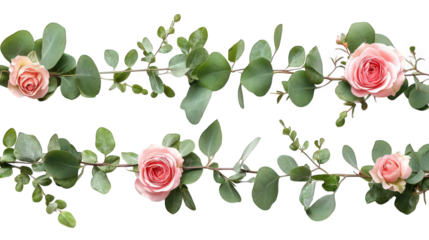 decorative arrangement of pink roses and eucalyptus leaves. creating a visually pleasing floral garland suitable for various occasions such as weddings. parties. or home decor the soft colors and natu