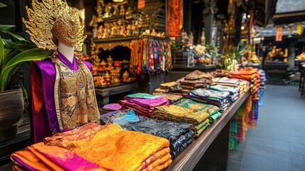 Obraz premium Traditional Balinese attire with golden headdress and batik sarong on display in a temple setting, no people