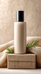 organic apothecary brand. Cosmetic bottle with kraft packaging mockup, kraft packaging with rosemary detail, cosmetic bottle and kraft box mockup with fabric background