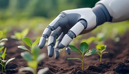 A robotic hand gently tending to young seedlings in rich soil, showcasing advanced agricultural technology
