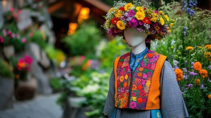 Traditional Polish folk costume arranged on a mannequin with a floral crown and vest, no people