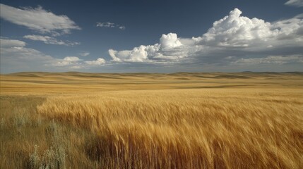 Obraz premium Expansive golden wheat field under a clea-1 - food vast drone farmland