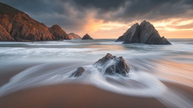 Wind-swept coastline with cliffs and rolling waves under a dramatic cloudy sky, rugged natural beauty, no people