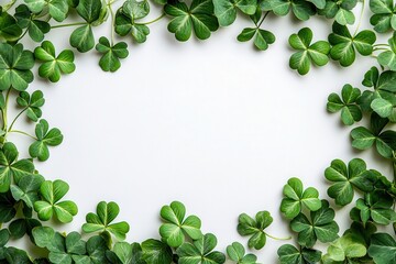 Fototapeta premium Fresh clover leaves frame a clean white background beautifully. Use it to add a touch of St. Patrick's day cheer to your projects.