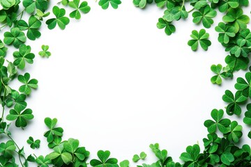 Fototapeta premium Fresh green shamrock leaves frame a blank white space. Perfect for Saint Patrick's Day cards or festive designs.