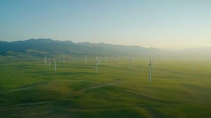 Wind turbines spinning in an open field with green grass and distant mountains, capturing wind energy in a natural setting, no people