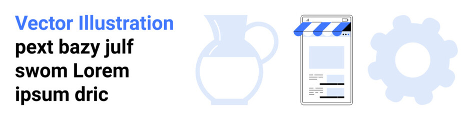 Fototapeta premium Pitcher, storefront layout, and gear signify connection between commerce, technology, productivity, and simplicity. Ideal for tech solutions, creativity, online shopping planning marketing