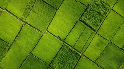 Wind turbine farm seen from above in geometric rows across a green plain, clean grid alignment, no people