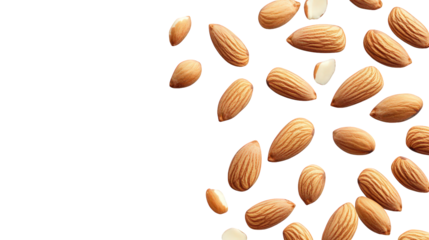 collection of almonds scattered against a white background. showcasing their natural texture and color this visual emphasizes the appeal of almonds as a healthy snack or ingredient. highlighting their