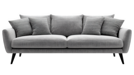 a modern. stylish gray sofa with plush cushions. designed for comfort and aesthetic appeal in contemporary living spaces it features a sleek silhouette and tapered legs. making it suitable for various
