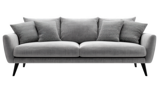 a modern. stylish gray sofa with plush cushions. designed for comfort and aesthetic appeal in contemporary living spaces it features a sleek silhouette and tapered legs. making it suitable for various