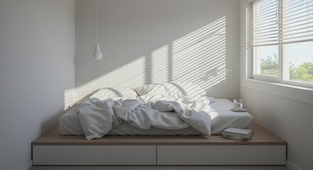 Minimalist Bedroom with Sunlight Streaming Through Blinds