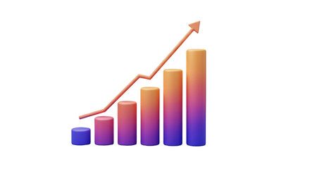 A gradient bar graph with a red arrow pointing upwards on a black background showing growth and success