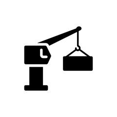 Black Filled Icon of a Cargo Crane Lifting a Shipping Container