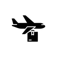 Black Filled Icon of a Cargo Plane Flying with a Package Symbol
