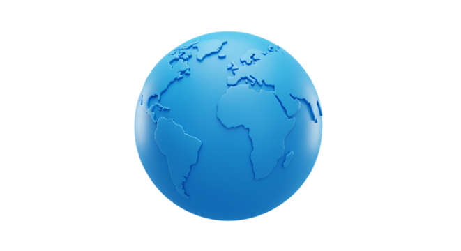A simple blue globe with continents visible against a solid black background in a digital rendering