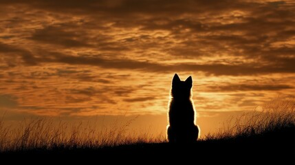 A young husky's silhouette against a vibrant sunset - animal orange wild red