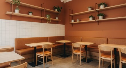 Modern Cafe Interior with Plants Tables Chairs and Warm Toned Walls