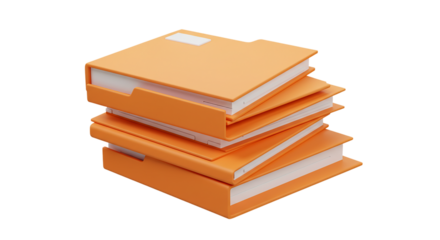 A stack of orange folders with white paper inside on a black background in a high angle shot view