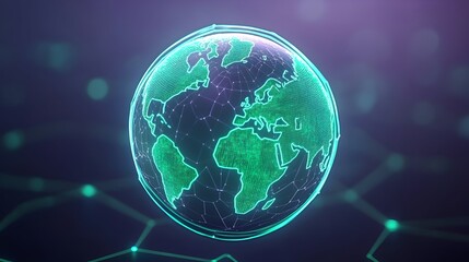 Glowing green digital globe with interconnected nodes, representing global network and data flow