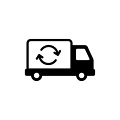 Black Filled Icon of a Shipping Truck with a Return Symbol