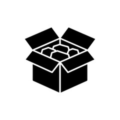 Black Filled Icon Depicting an Open Box with Items Inside