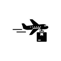 Black Filled Icon Showing an Airplane with a Package Symbol