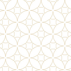 Abstract geometric pattern with crosses, stripes, lines. Seamless vector background. White and gold ornament. Modern reticulated graphic design.