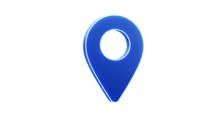 A digitally rendered blue location pin icon with a glowing outline against a black isolated background