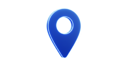 A digitally rendered blue location pin icon with a glowing outline against a black isolated background