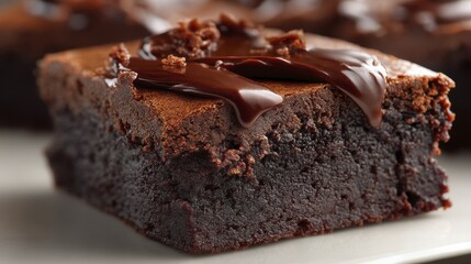 Rich, decadent chocolate brownie, fudgy texture, topped with chocolate ganache - squares fudgy melted baking