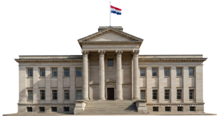 Isolated Grand Facade of a Classical Building with Dutch Flag