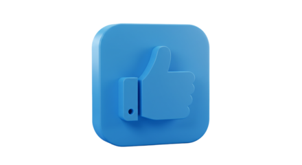 A blue thumbs up icon rendered in d with rounded edges on a square button against a black background