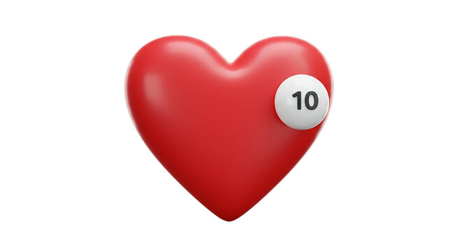 A vibrant red heart with a white notification badge displaying the number ten on a black background