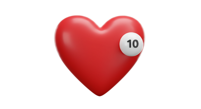 A vibrant red heart with a white notification badge displaying the number ten on a black background