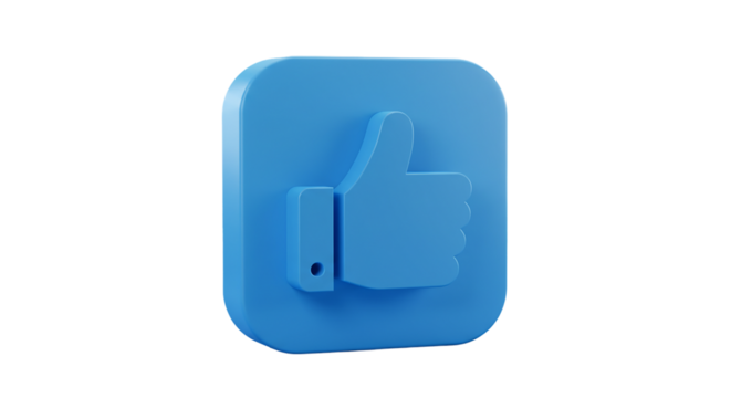 A blue thumbs up icon rendered in d with rounded edges on a square button against a black background