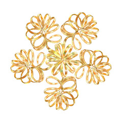 Gold flower with curl petals, ball, ribbons in vibrant circle. Hand-painted in watercolor with gold accents. Isolate element is presented for decorating, designing textile, wallpaper, print, packaging