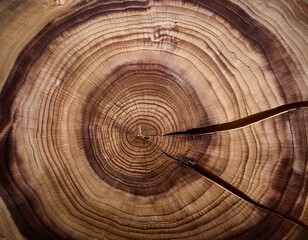 Fototapeta premium Close-up of a tree trunk cross-section showing detailed concentric growth rings and natural cracks radiating from the center, highlighting the texture and age of the wood.